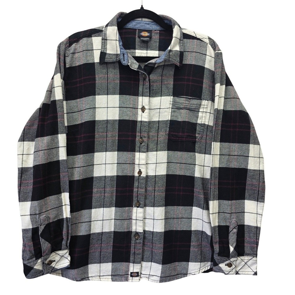 Dickies Womens XL Black White Red Plaid Cotton Flannel Button Up Shirt LS - Picture 1 of 10
